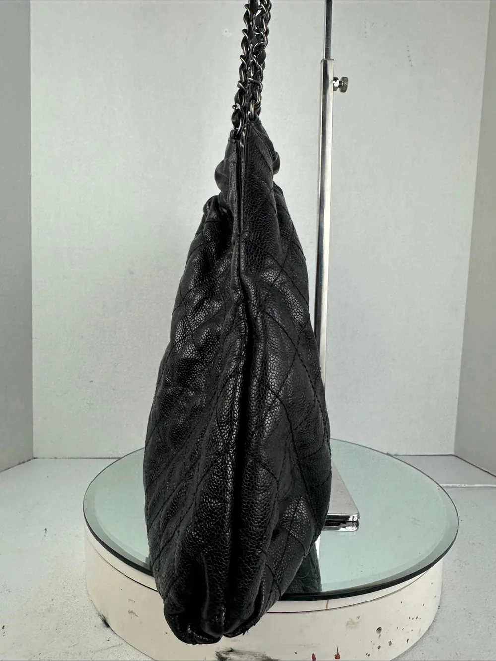 Chanel Black Shiny Caviar Leather Large Chain Shoulder Tote Silver CC